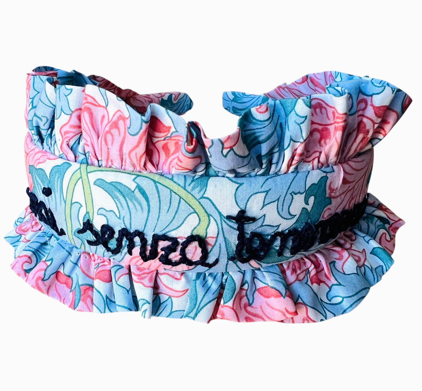 cerchietto per capelli in tessuto Liberty of London a fiori con volants "mai senza tenerezza" ricamato a mano
