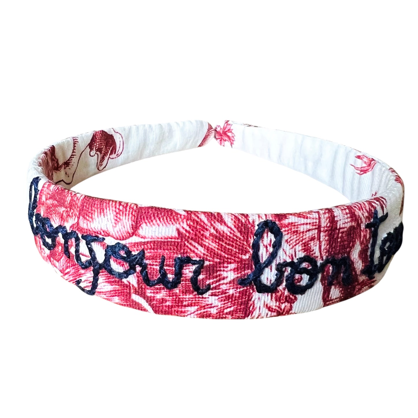 cerchietto per capelli in tela toile de jouy "bonjour bon ton" ricamato a mano