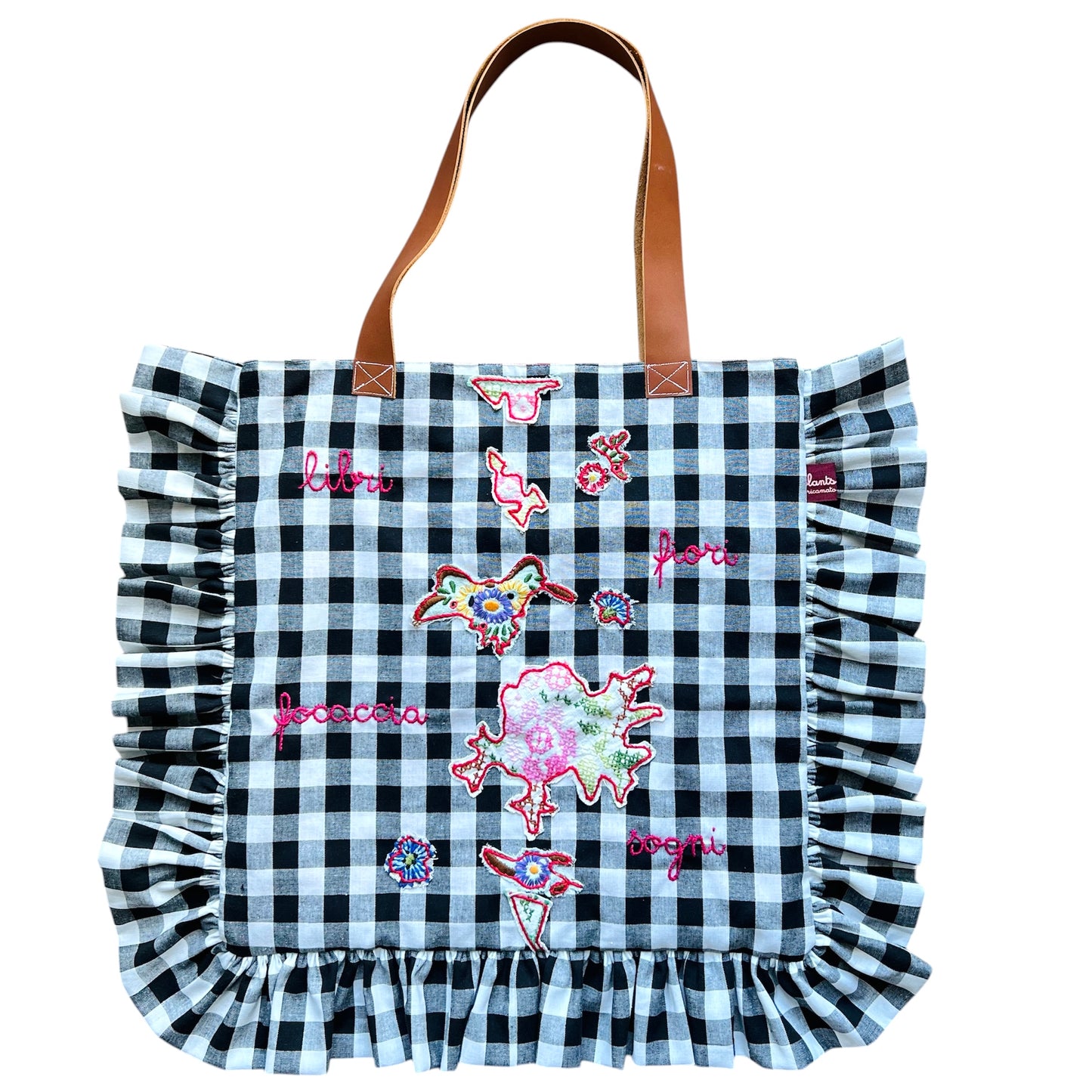 borsa shopping in tela di cotone vichy nero "libri, fiori, focaccia, sogni" con applicazioni ricamate a mano