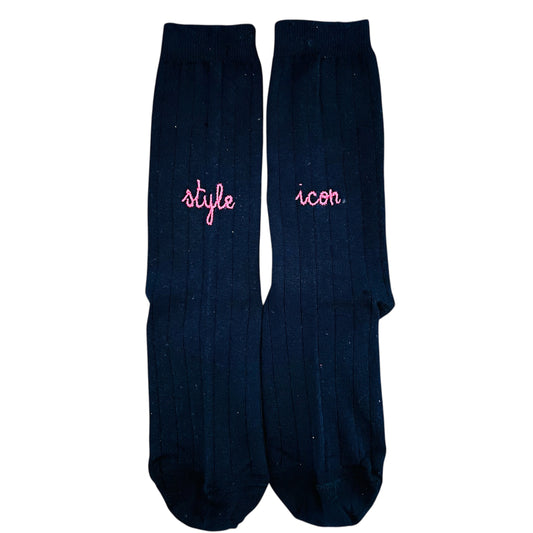Calze a coste blu navy “style icon” ricamate a mano