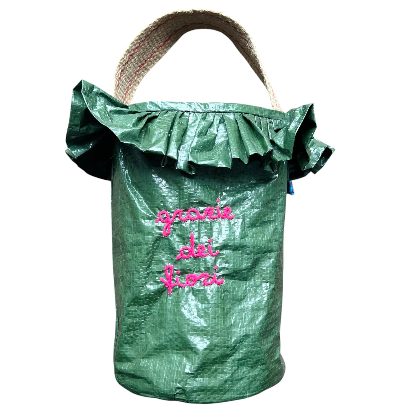 deliziosa borsa per fiori o piantine "grazie dei fiori" ricamo fucsia