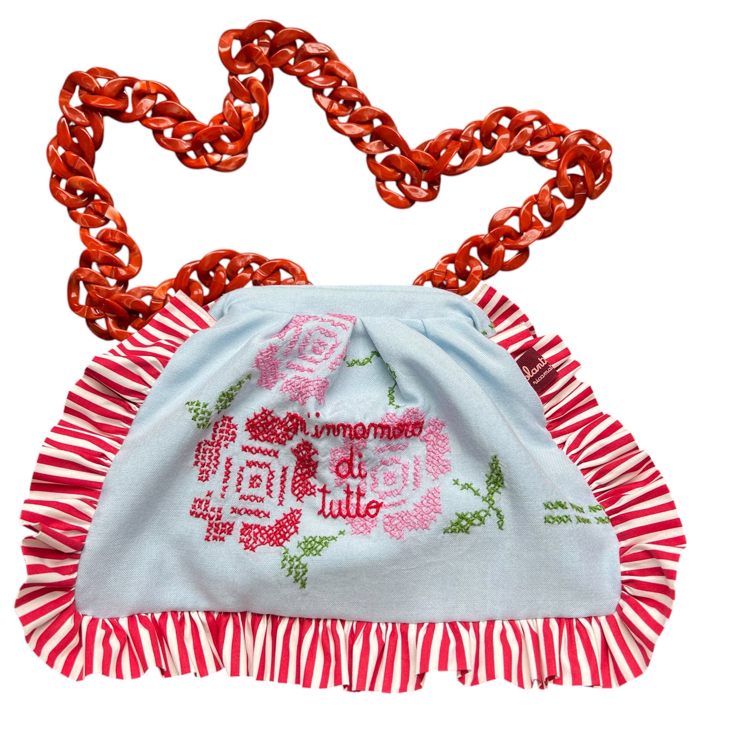 Borsa con tracolla staccabile in tela celeste vintage ricamata a punto croce m'innamoro di tutto" ricamata a mano con rouches a righe rosse