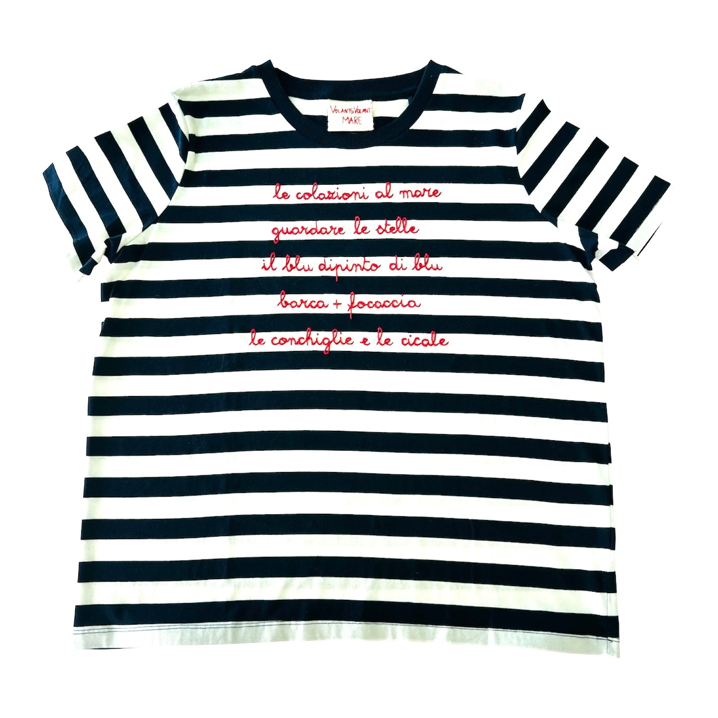 t-shirt a righe bianco e blu a tema estate ricamata a mano