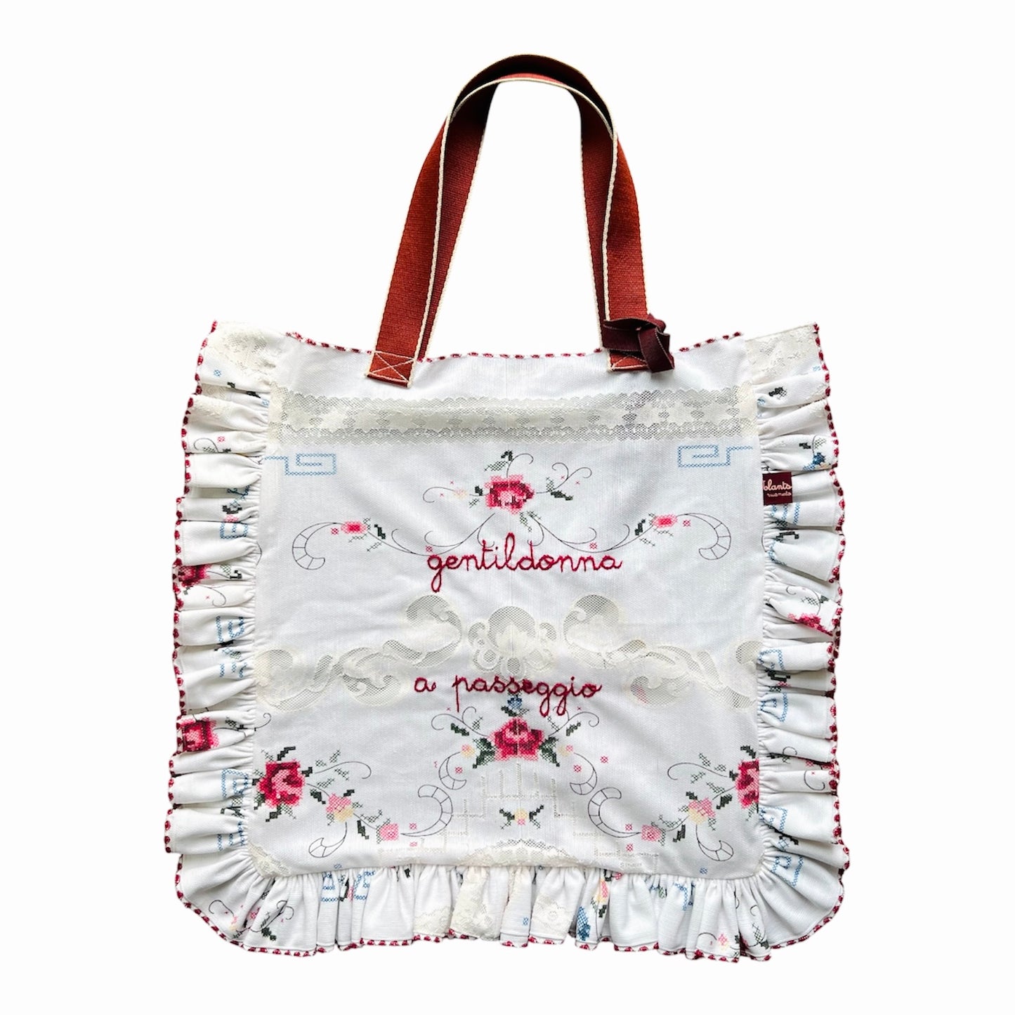 shopping bag con inserti in pizzo “gentildonna a passeggio” ricamata a mano