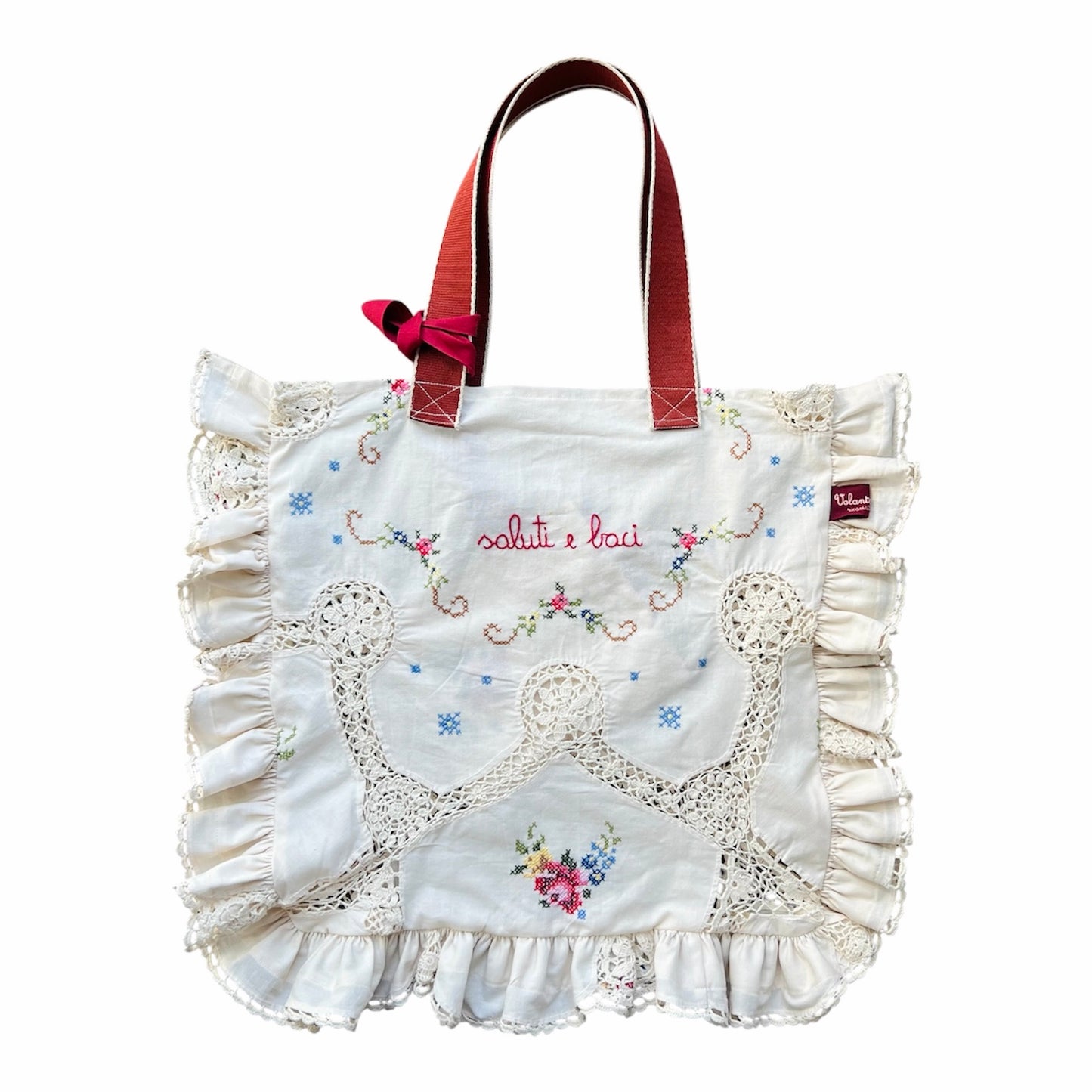 Shopping bag ricamata con inserti in pizzo di cotone “saluti e baci” ricamata a mano