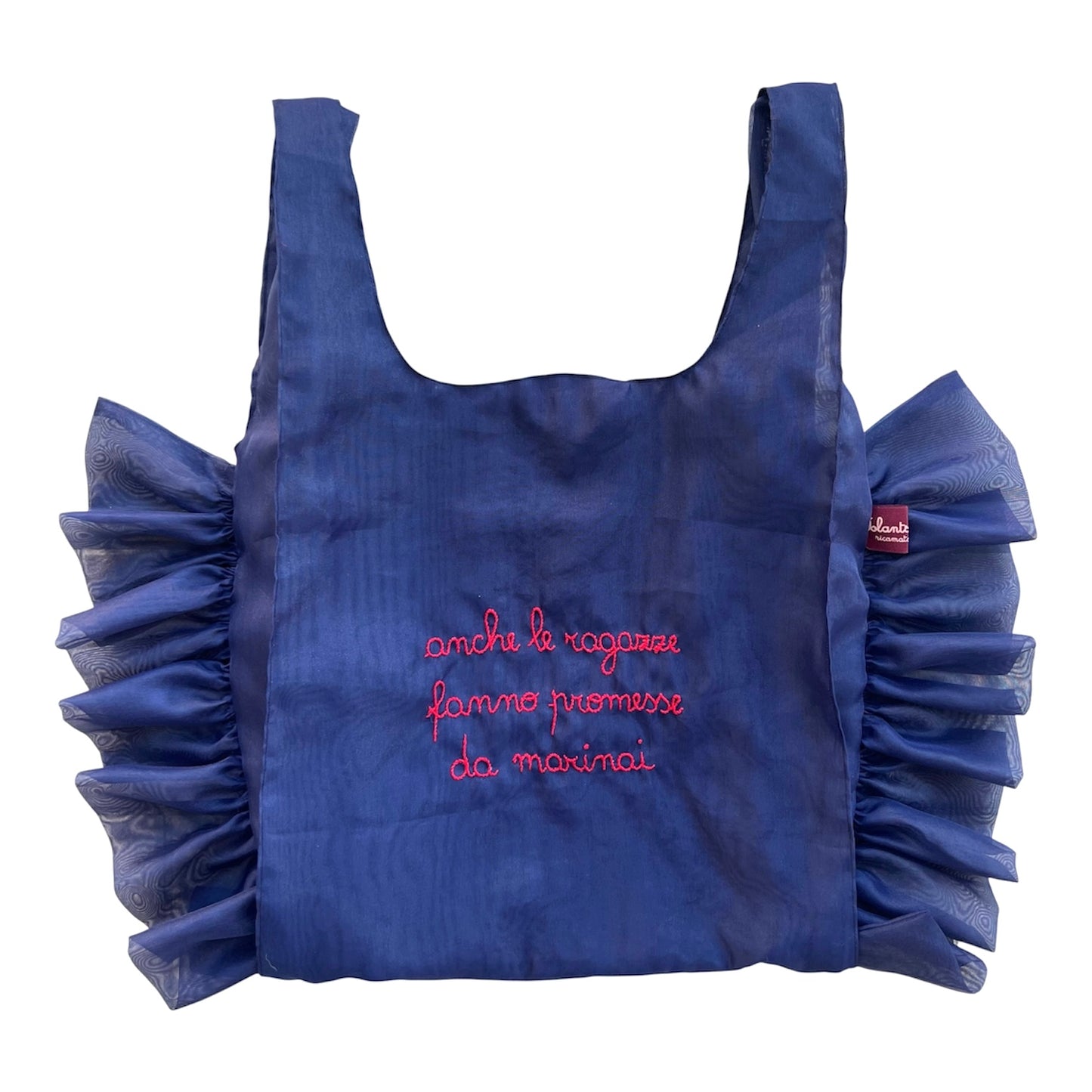 Borsa a mano in organza blu navy “anche le ragazze fanno promesse da marinai” ricamata a mano