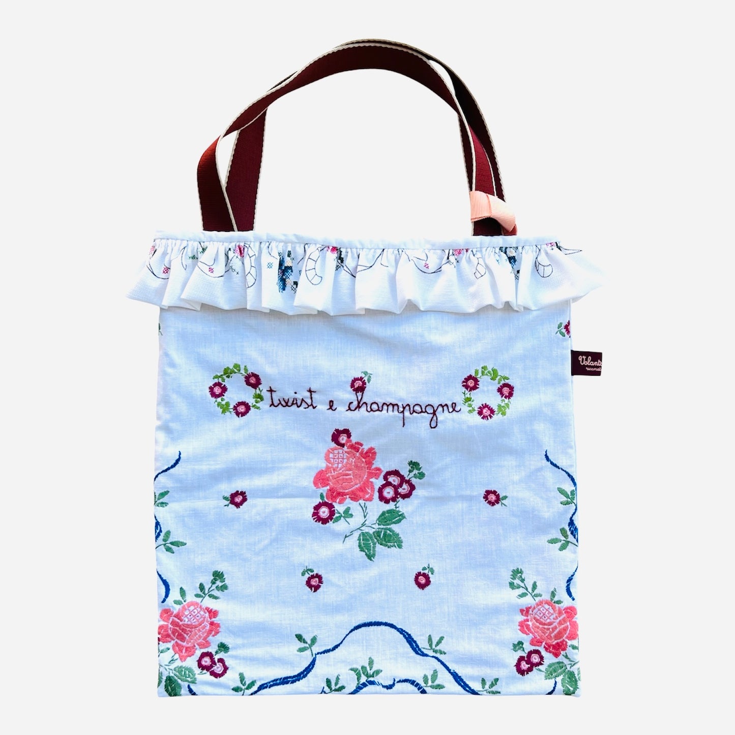shopping bag in tessuto ricamato vintage “twist e champagne” ricamata a mano