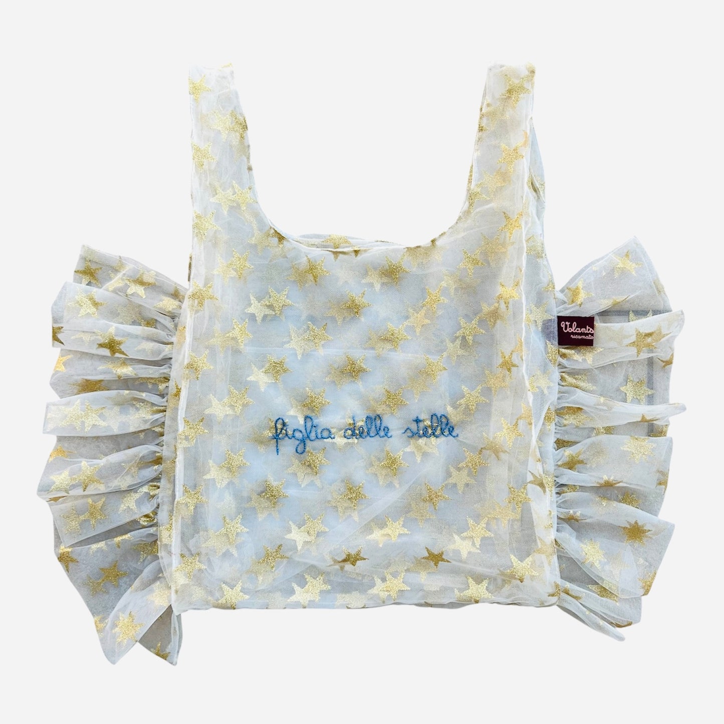 Borsa a mano in tulle  con stelle oro “figlia delle stelle” ricamata a mano