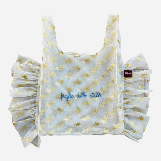 Borsa a mano in tulle  con stelle oro “figlia delle stelle” ricamata a mano