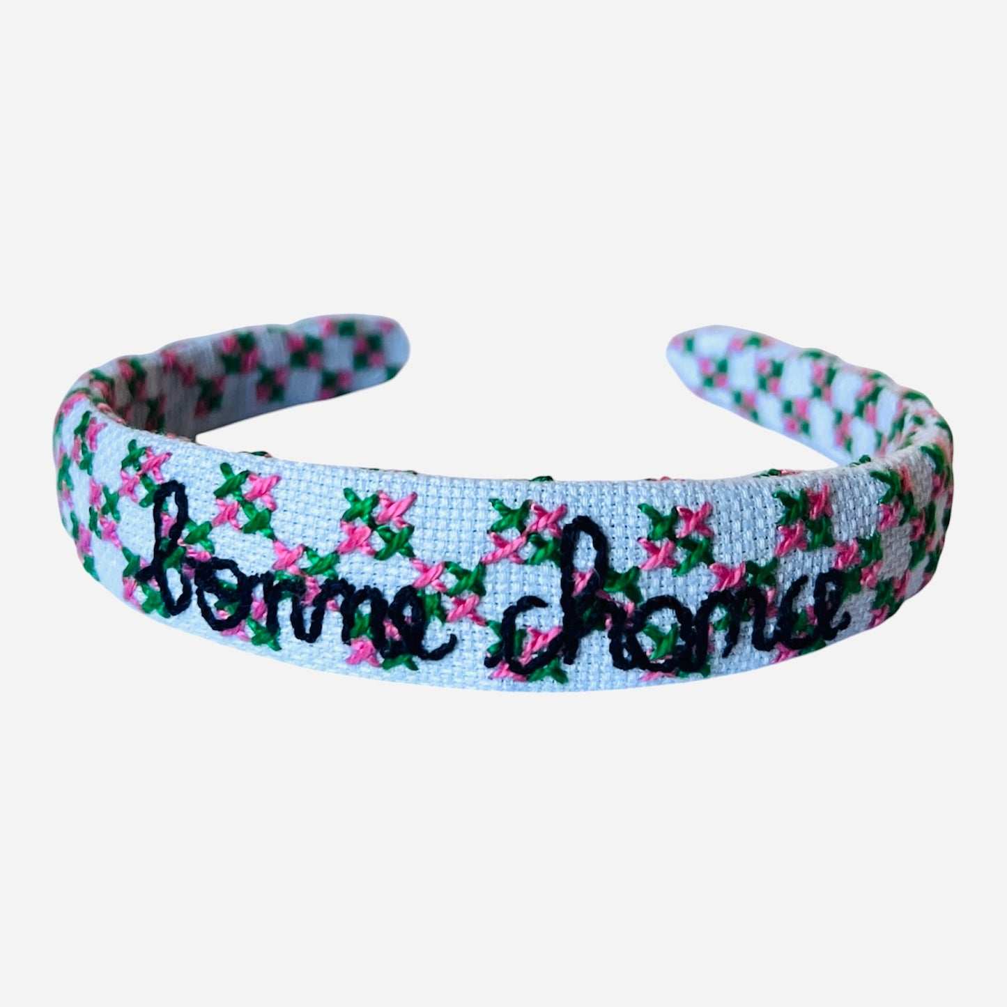 cerchietto in cotone celeste ricamato punto croce “bonne chance”