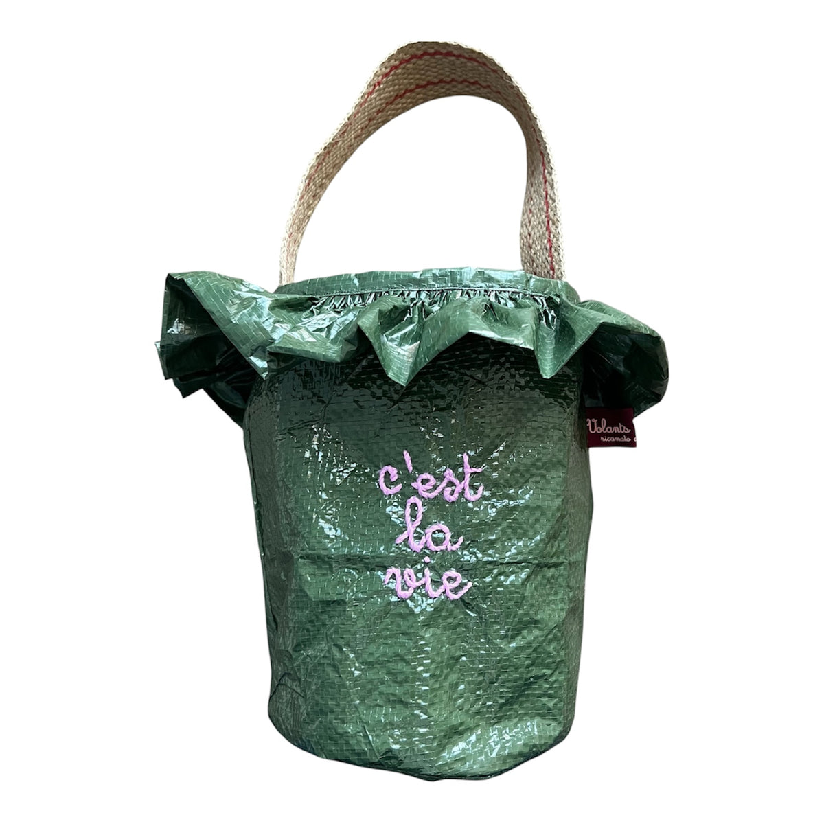 deliziosa borsa porta piantine o fiori "c'est la vie" ricamata a mano