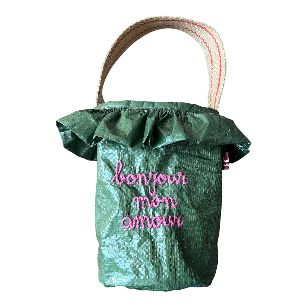 Deliziosa borsa porta fiori o piantine “Bonjour mon amour” ricamata a mano