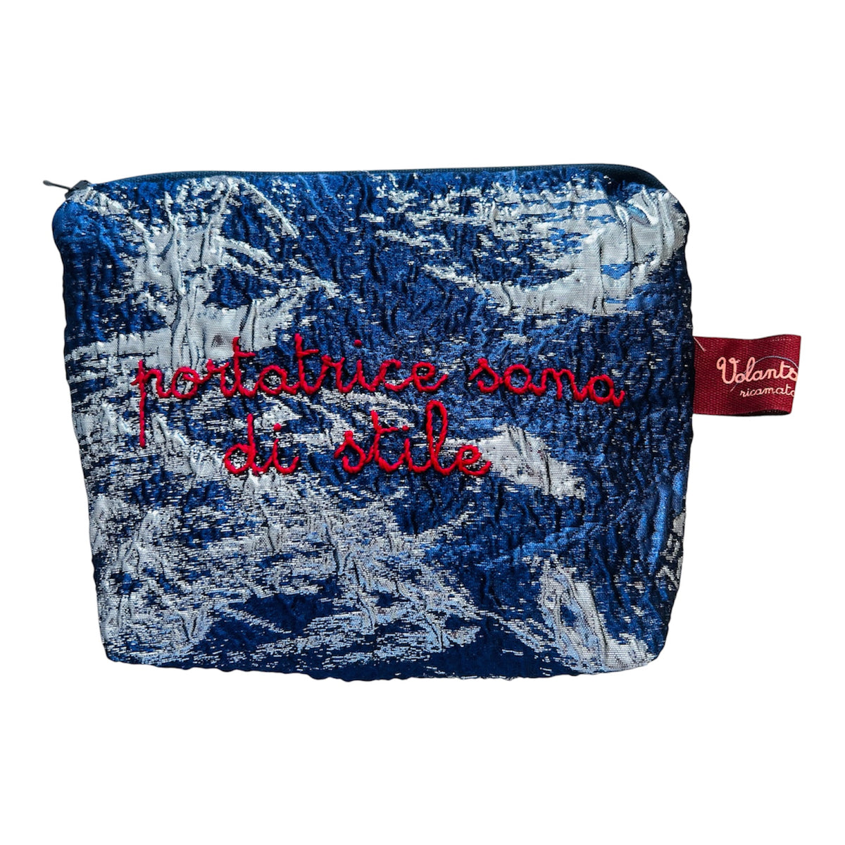 Bustina in broccato blu “portatrice sana di stile” ricamata a mano