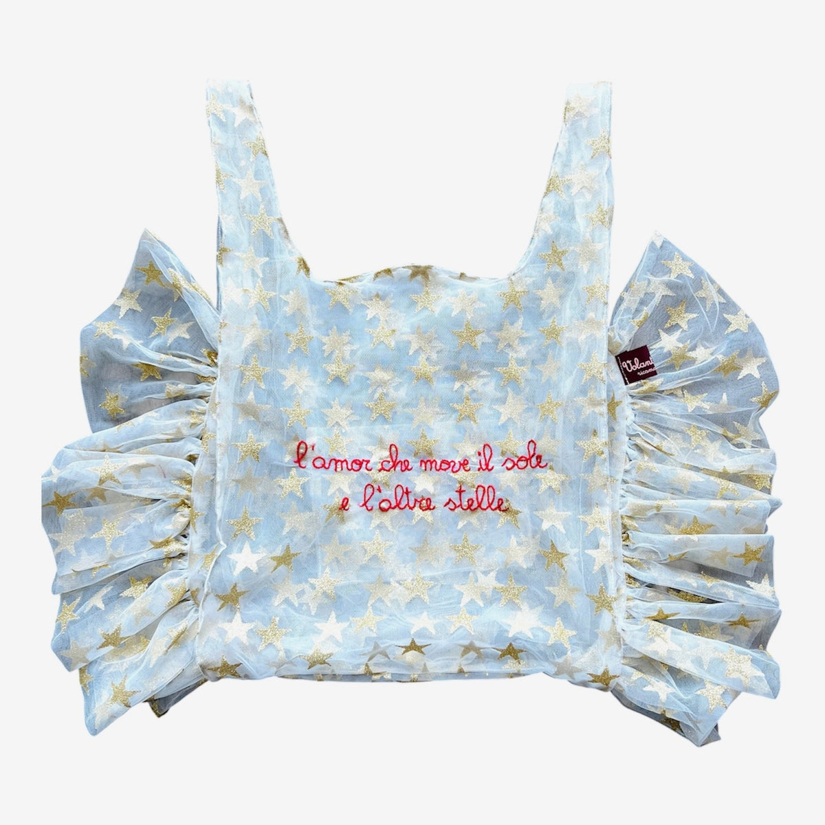 Borsa a mano in tulle stretch con stelle “l’amor che move il sole e l’altre stelle” ricamata a mano