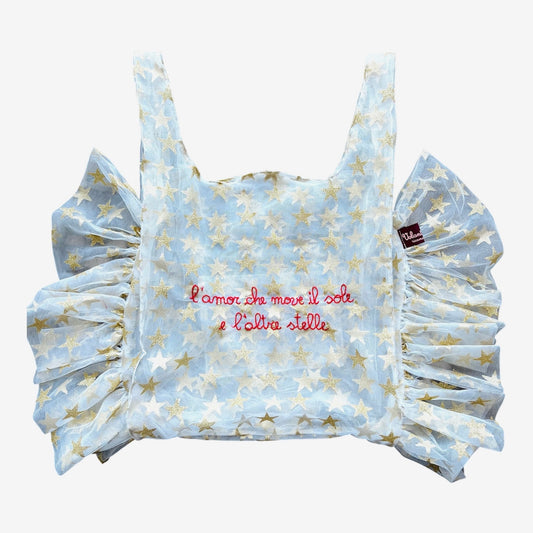 Borsa a mano in tulle stretch con stelle “l’amor che move il sole e l’altre stelle” ricamata a mano