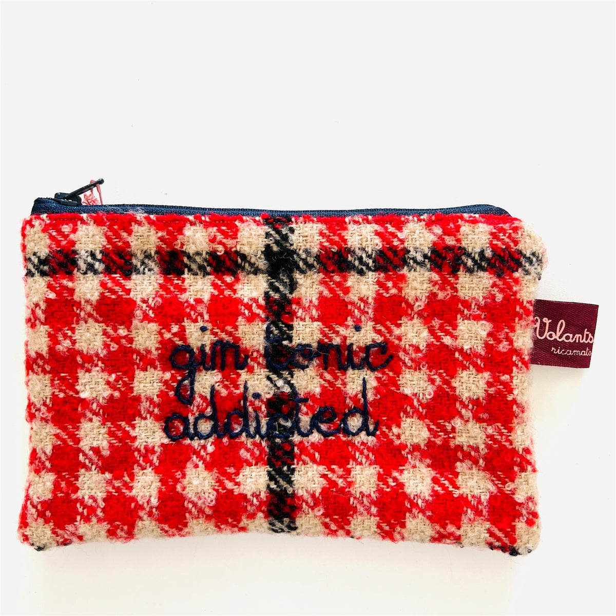 bustina in tweed rosso “gin tonic addicted” ricamata a mano