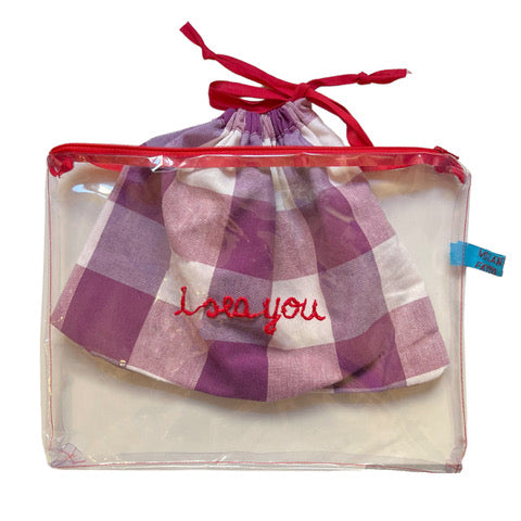 Busta grande in pvc ricamato a mano " i sea you" e sacchetto estraibile in maxi vichy viola