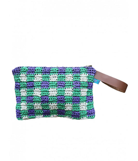 Maxi pochette rafia tessuta a mano vichy verde menta e viola