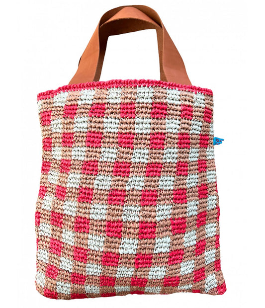 Shopping bag in rafia lavorazione quadretti vichy rosso corallo e marrone terracotta