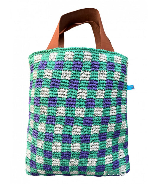 Shopping bag in rafia lavorazione quadretti vichy verde menta e viola