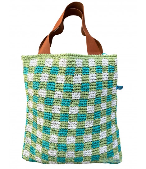 Shopping bag  in rafia lavorazione quadretti vichy verde pistacchio e turchese